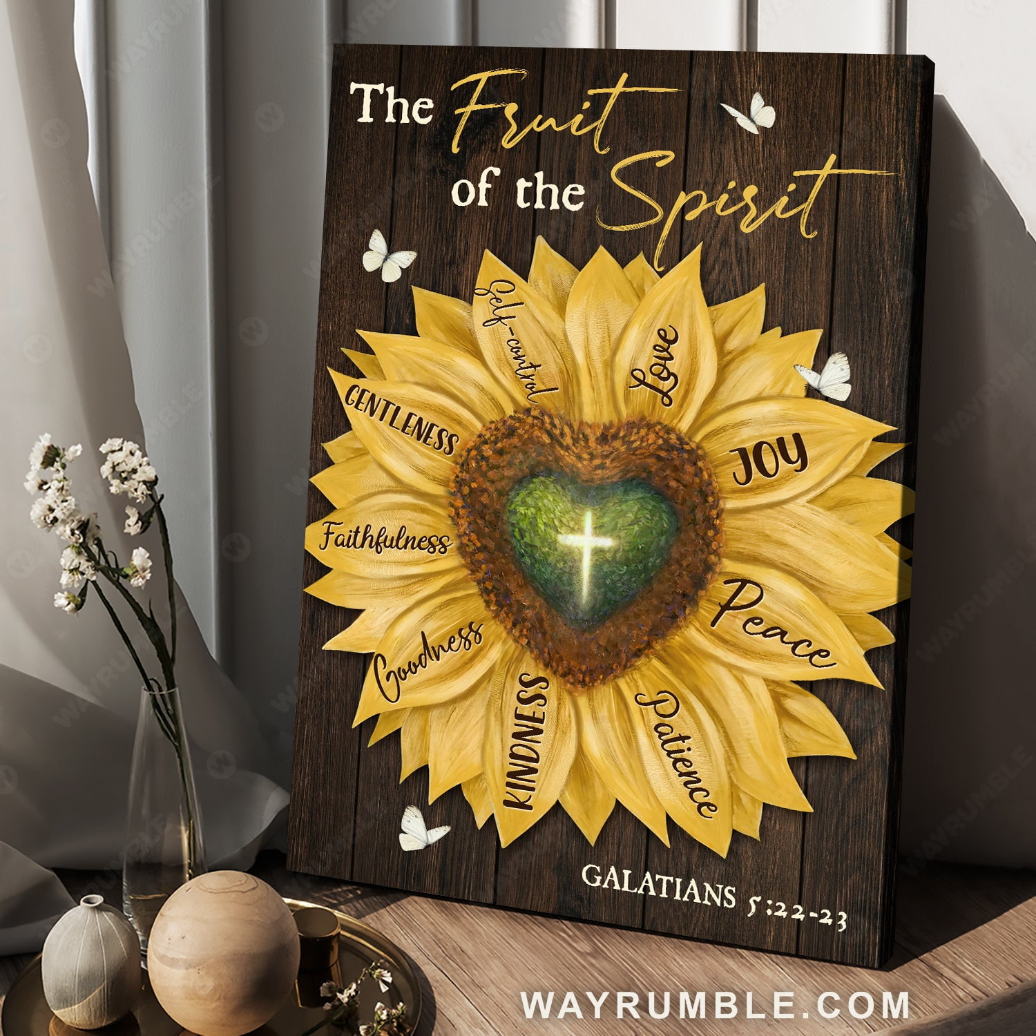 Big sunflower Heart shape Cross The fruit of the spirit Jesus Portrait poster Prints Christian Wall Art