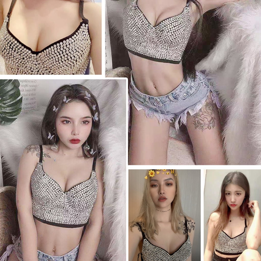 Women Glitter Diamond for Rhinestone Push Up Bra Bustier Underwire Padded Spaghetti Strap Camisole Sexy Punk Corset Crop