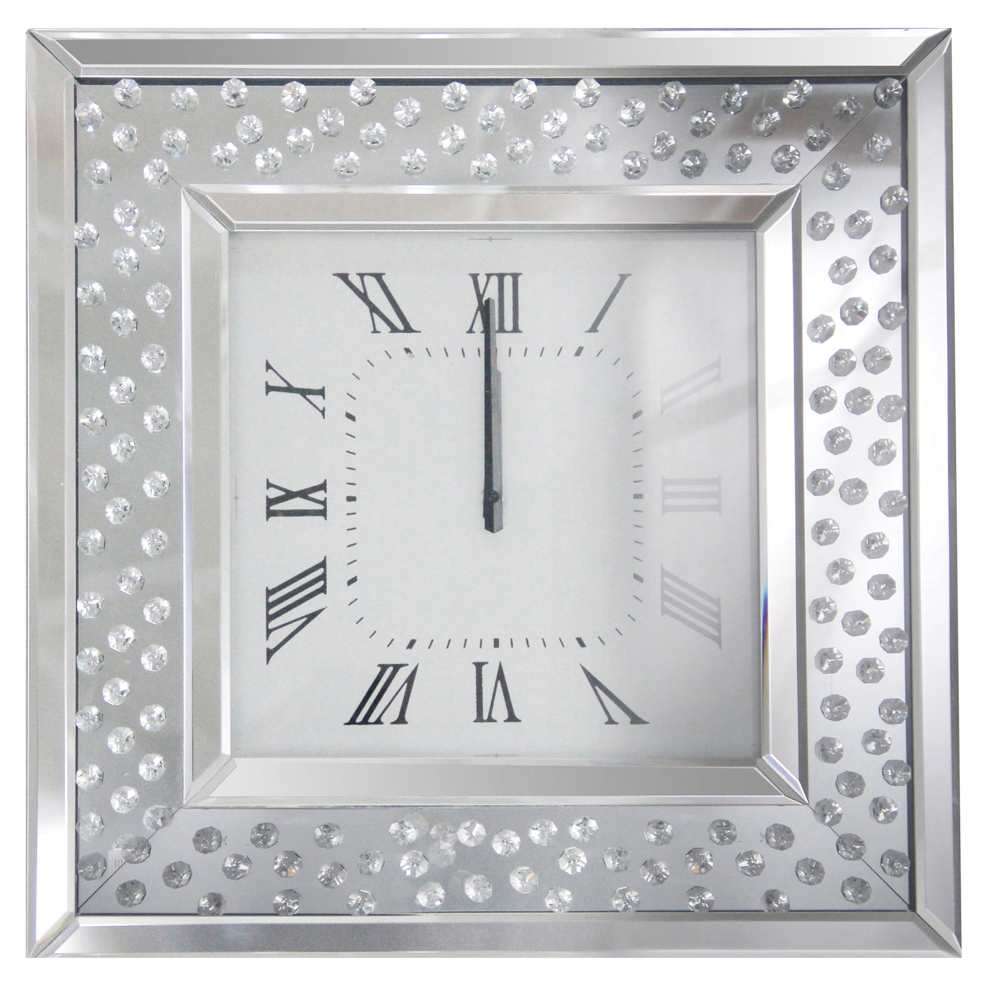 Wall Clock Mounted Home Decoration Faux Diamonds Mirrored Hanging Square Large 