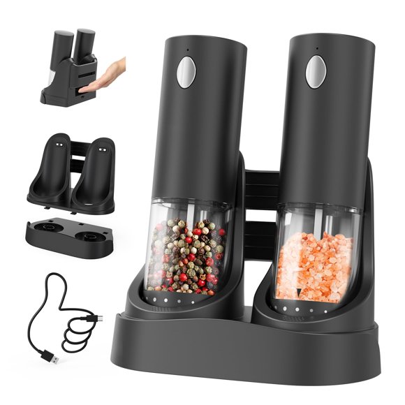 CIRCLE JOY Electric Rechargeable Salt and Pepper Grinder Set with Easy-to-Carry Dual Charging Base, Externally Adjustable, 100 ml Large Capacity, LED
