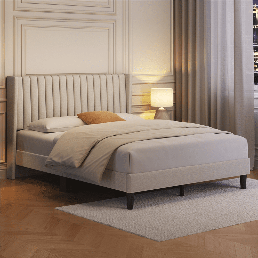 Fullfurnique Lit Rembourré avec Tête de Lit à Oreilles Design a Cannelures, Taille Queen, Ivoire