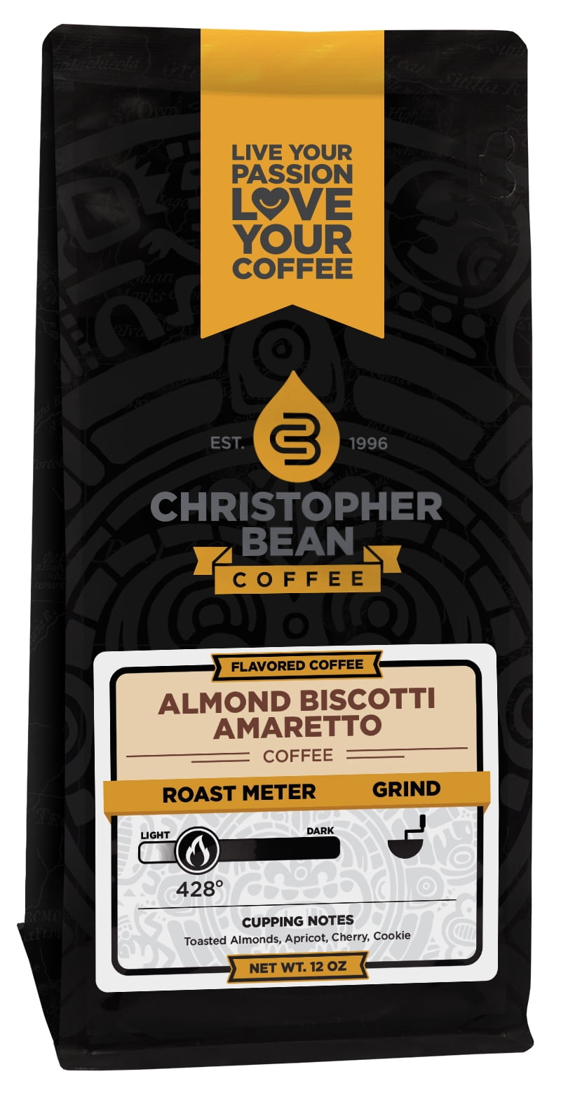 Amaretto Almond Biscotti Flavored Decaf Ground Christopher Bean Coffee, 100% Arabica, No Sugar, No Fats, Made with Non-GMO Flavorings, 12 Oz Bag of coffee