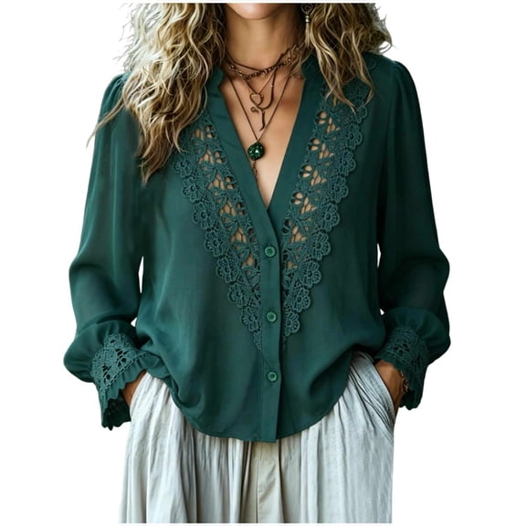 CaComMARK PI Lace Elegant Dressy Blouse for Women V Neck Long Sleeve Button Down Shirts Boho Crochet Top Fall Fashion Outfits Green-A