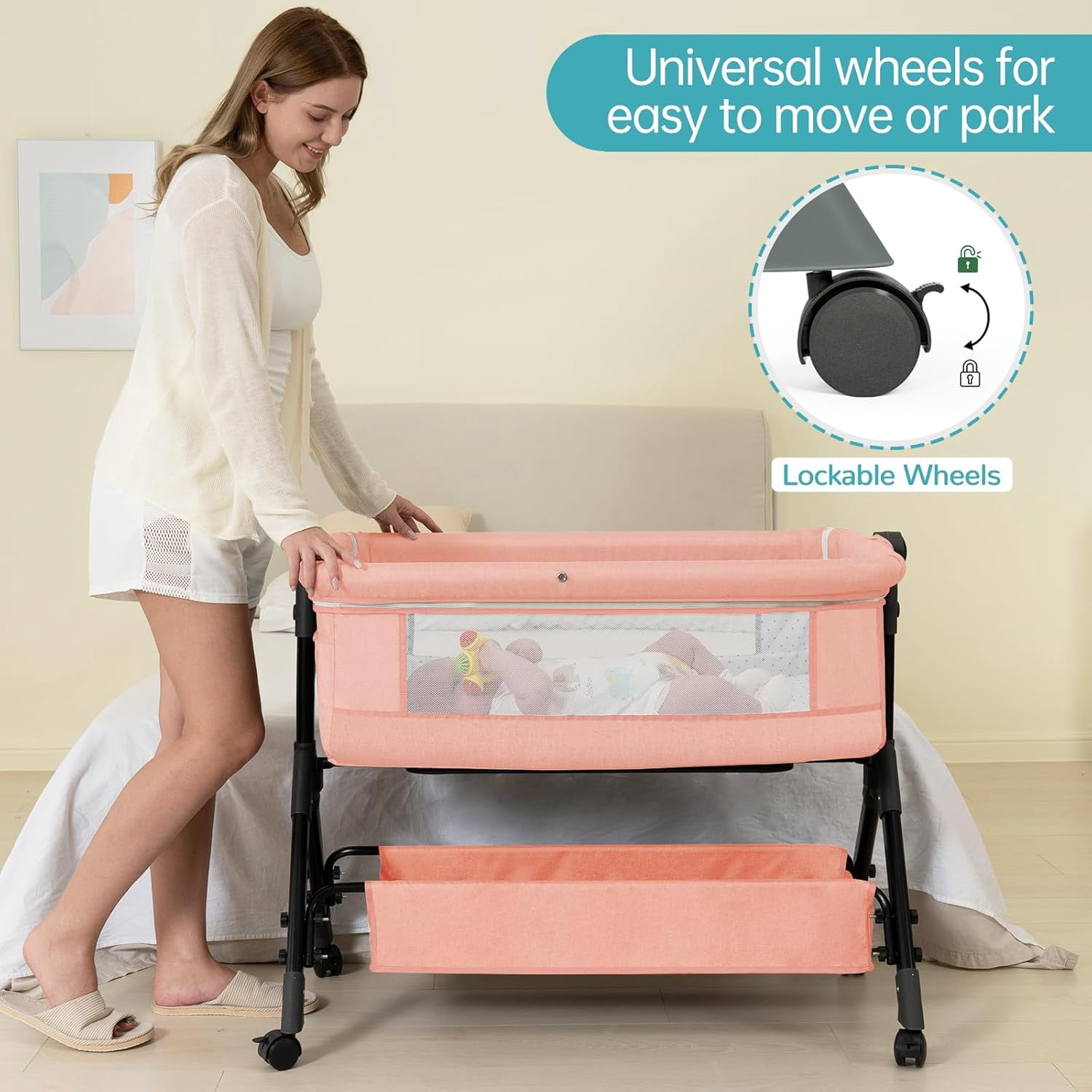 Infant Bassinet Sleeper, Adjustable Bedside Sleeper, Lightweight and Convenient, Comfortable Mattress with Wheels and Storage Basket - Pink