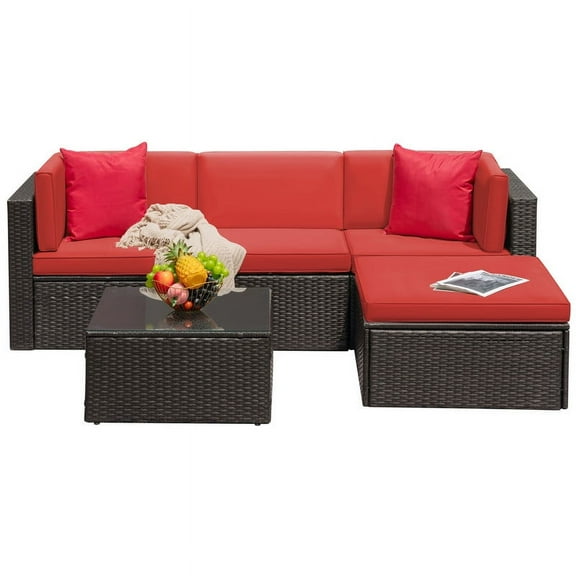 Devoko 5 Piece PE Wicker Outdoor Sectional, Red