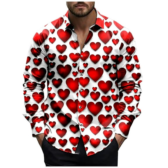 SERTG Mens Valentine's Day Fashion Print Shirt Lapel Long Sleeve Button Down Collar Casual Breathable Soft Tops(Red,2XL)