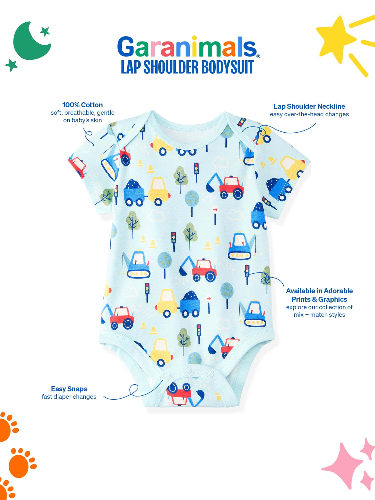Garanimals Newborn & Baby Boy Cotton Lap-Shoulder Short-Sleeve Bodysuit, Sizes 0–24M