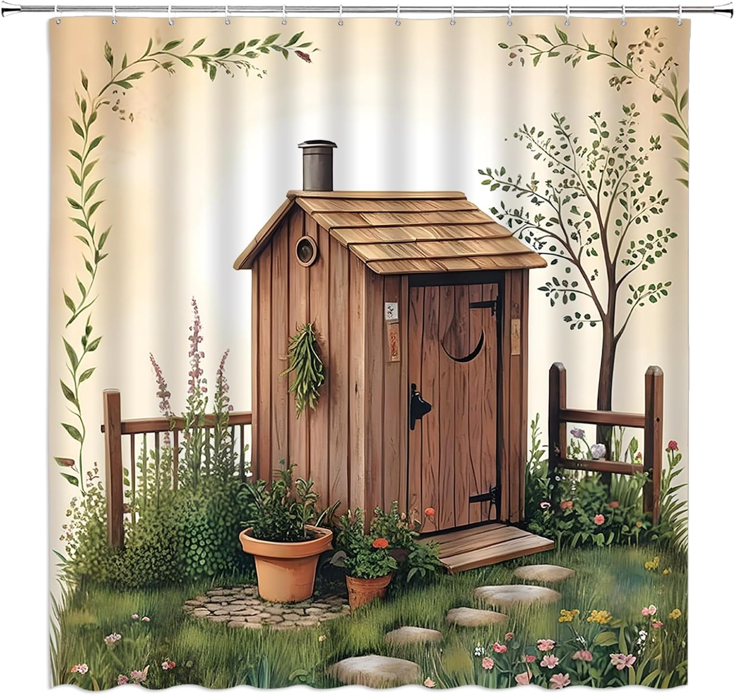 Outhouse Shower Curtain Vintage Primitive Country Backhouse Rustic Farmhouse Grass Garden Yard Fabric Bathroom Decor Sets with Hooks-72"W x 72"L (Pack of 1)
