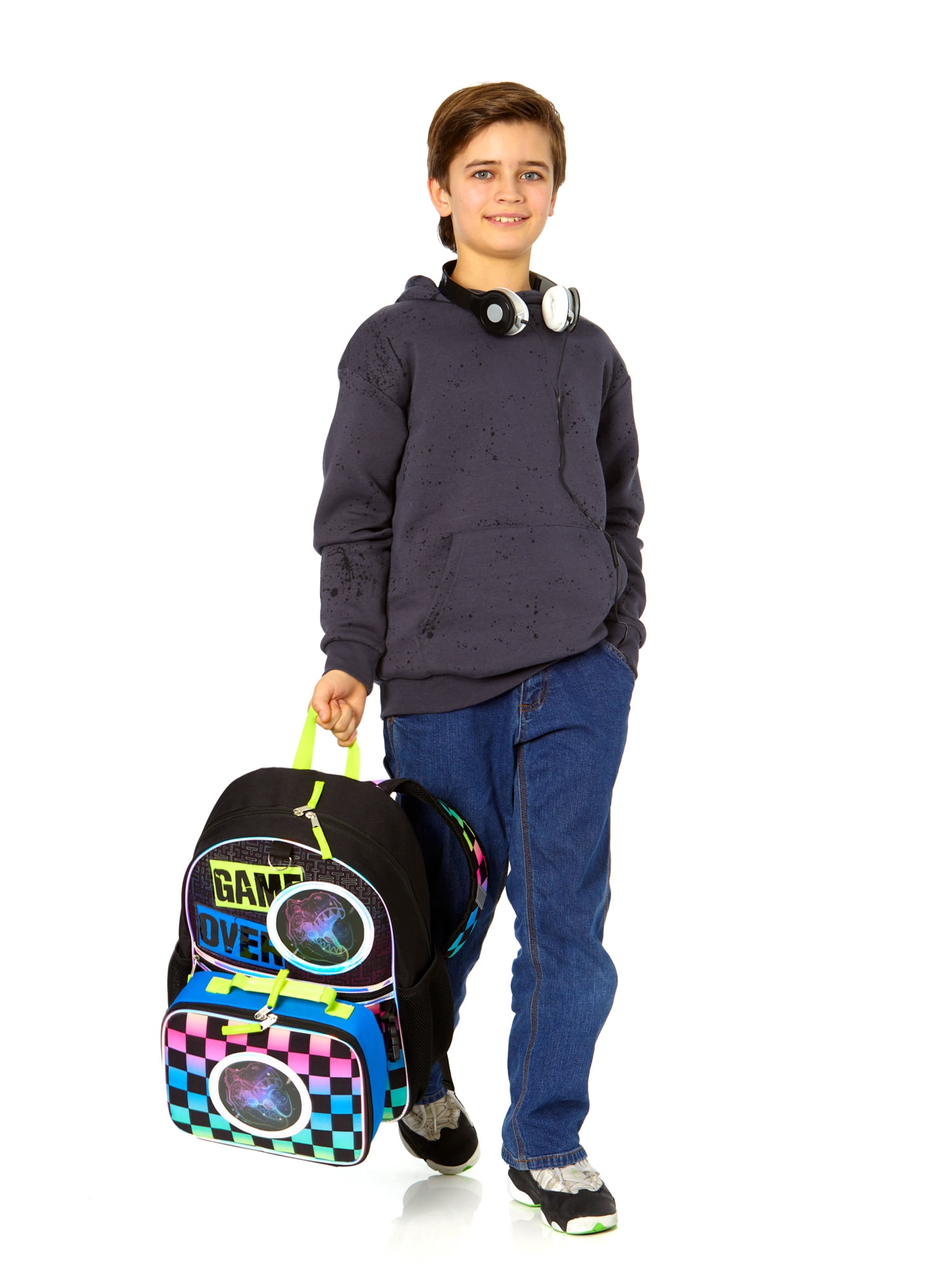 Schoolyard Vibes Dinosaur Boys 16" 3 Piece Headphone with Lunch Backpack Set, Black Multi-Color