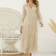 thumbnail image 2 of Dresses for Women Sexy V Neck Long Sleeve Sequin Dress Tulle A-Line Swing Formal Evening Gown Party Club Maxi Dress (X-Large, Beige), 2 of 9