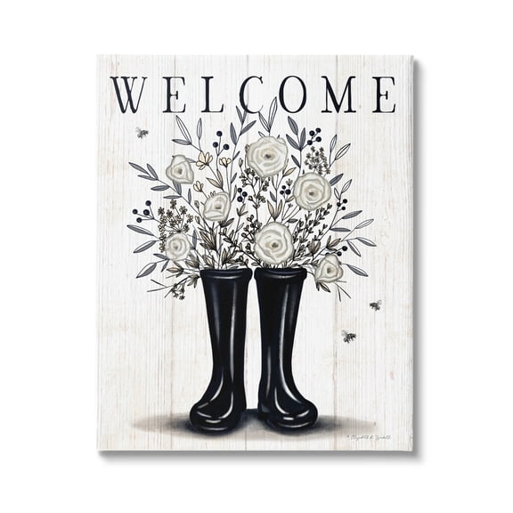 Stupell Industries Welcome White Roses Gardening Boots Outdoors Insect Sign,24 x 30, Design by Elizabeth Tyndall