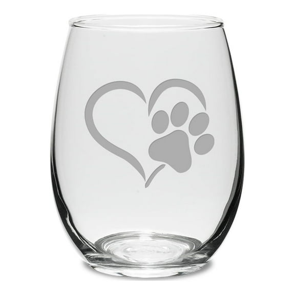 Paw Print Heart Deep Etched Stemless Wine Glass