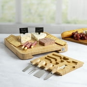 Tasty Natural Bamboo Cheese Board and Charcuterie Tray with Hidden Drawer, Utensils, Markers, and Chalk, 13 x 13