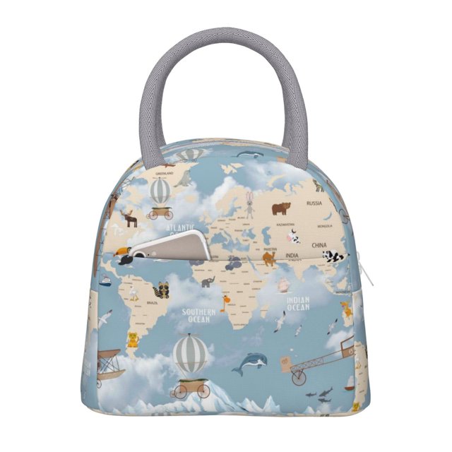 Fotbe Animals Travel World Map Bolsa de Almuerzo con Estampado, Lonchera Aislada, Contenedor de Comida Reutilizable Tipo Cooler a Prueba de Fugas