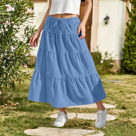YSUEJPF Girl's Tiered Long Skirt Elastic Waist Drawstring A Line Skirts Flared Ruffled Summer Beach Vacation Flowy Skirts