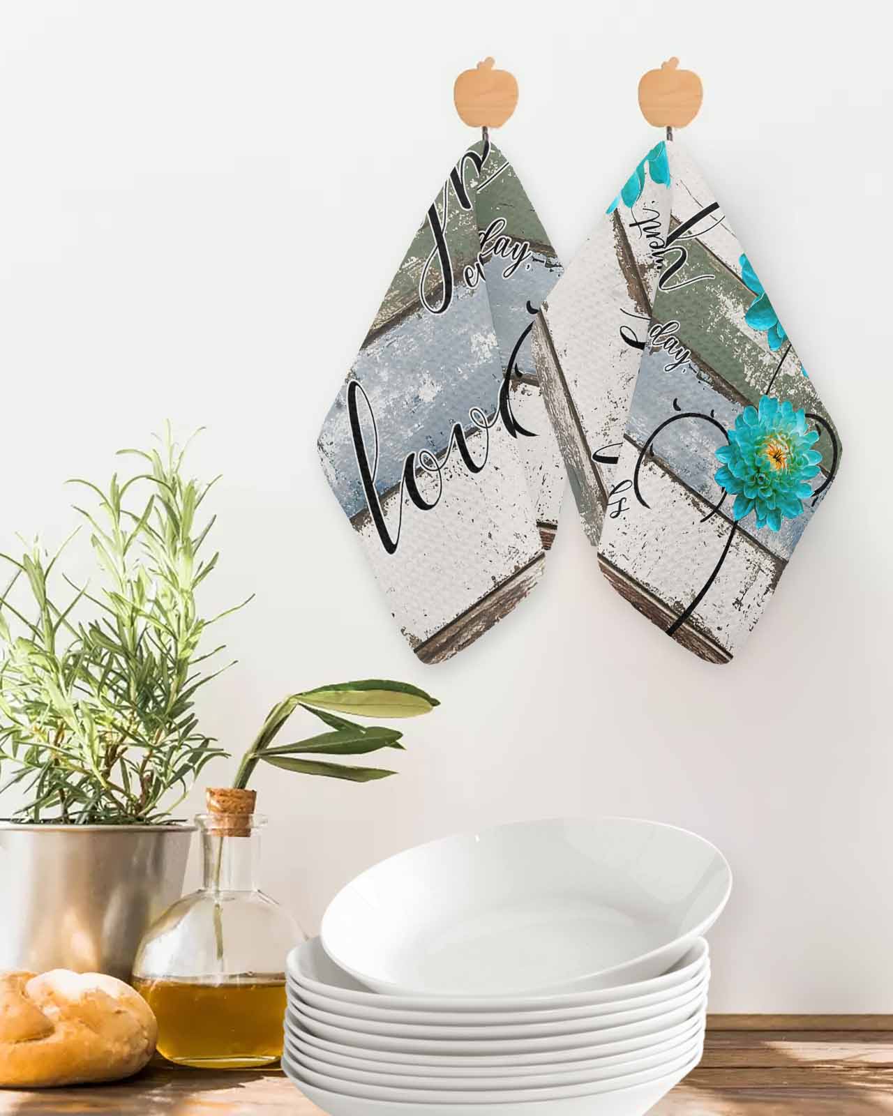 Teal Floral Kitchen Dish Towels for Drying Dishes Set of 4, Farmhouse Green White Blue Wooden Waffle Weave Microfiber Terry Hand Tea Bathroom Towels Quick Dry & Absorbent Towel 12x12