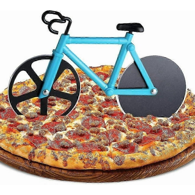 Bicycle Pizza Cutter, Bicycle Pizza Cutter, Pizza Slicer, Double Stainless Steel Pizza Cutter, Ultra Sharp Blade with Non-Stick Coating and Stand (Blu