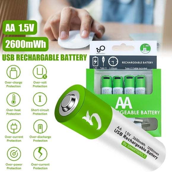 MDHAND 1.5V 2600mAh Rechargeable AA Batteries,4 pack Double A Batteries with USB Type C Port Cable, High Capacity Lithium ion li-ion Batteries, Recharge up to 1200 Cycles