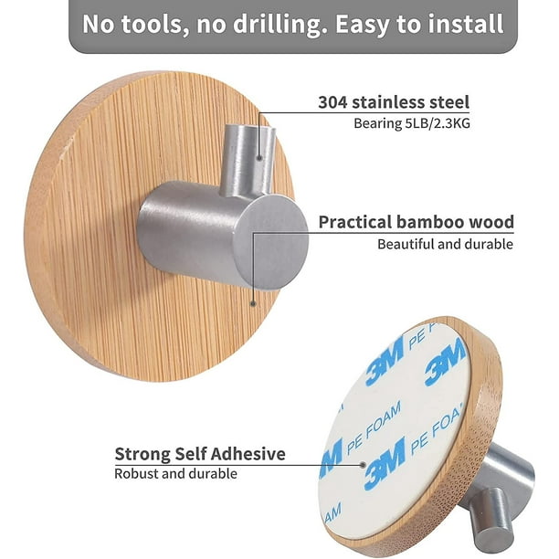 Gancho Adhesivo Tal, Gancho Adhesivo Para Puerta De 5 Piezas, Ganchos Para Bata De Bambú Y Acero Inoxidable 304, Gancho Para Colgar Cinturón, Bufandas, Casco, Abrigos En El Hogar Y K ShuxiuWang 8390605850189
