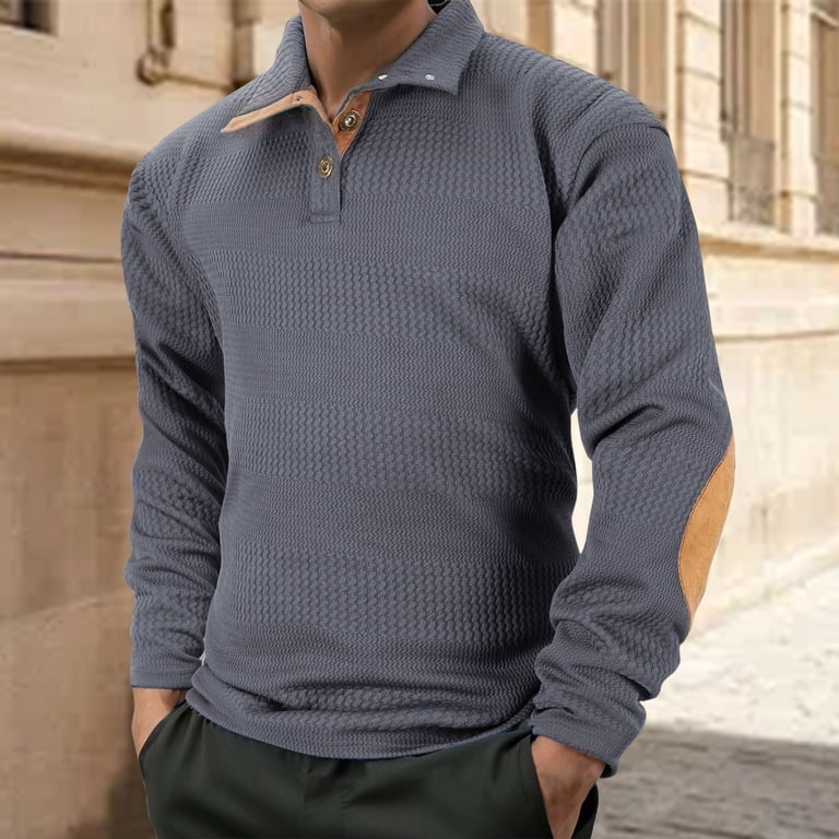 GuangCheng Mens Shirts Textured Knit Long Sleeve Elbow Patches