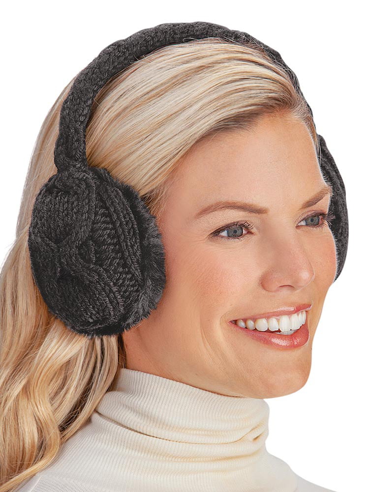 Cozy Design Womens Winter Outdoor Warm Adjustable Crocheted Flower Ear Warmers Earmuffs with Faux Fur in Black