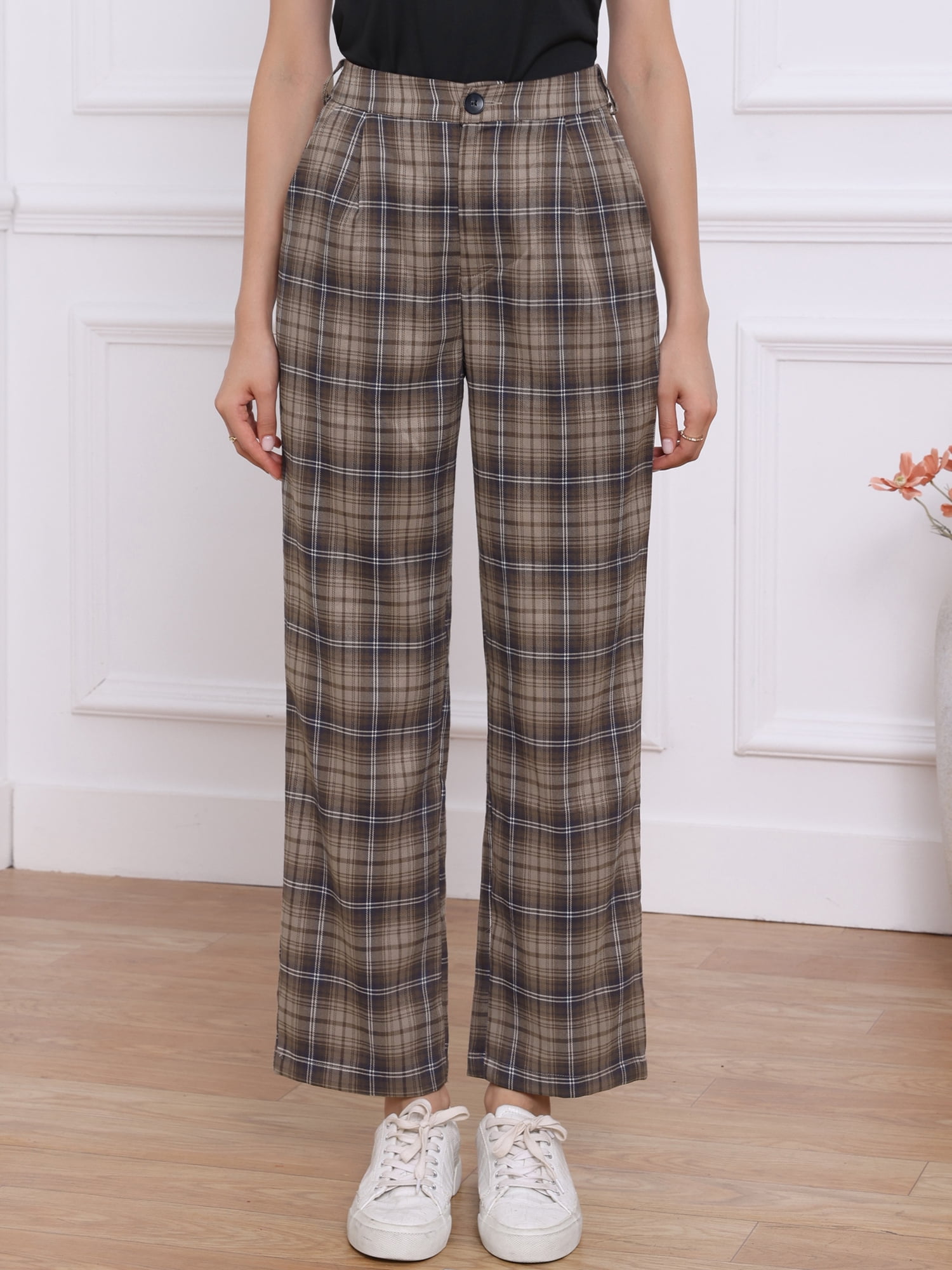 DARING DIVA Women's Plaid Pants Elastic Waist Casual Office Long Trousers XL Brown Coffee