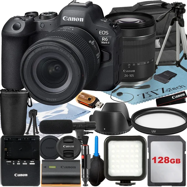 Canon EOS R6 Mark II Appareil Photo Sans Miroir avec Objectif RF 24-105mm + Carte Mémoire 128 Go + Étui + Flash LED + Ensemble d'Accessoires ZeeTech