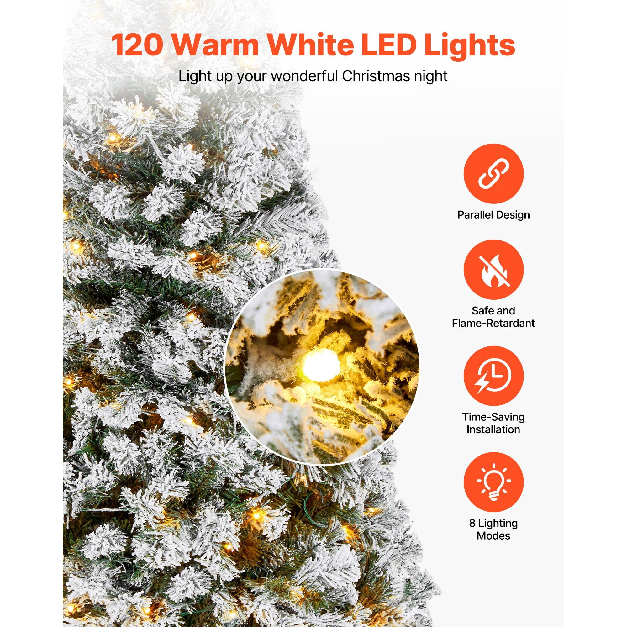 Christmas Tree, 4ft Prelit Flocked Artificial Tree, Full Holiday Xmas Deco Trees with 120 Warm White LED Lights, 8 Lighting Modes & 539 Branch Tips for Home Party Office Decoration