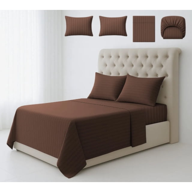 Juego de Sábanas Matrimonial 3000 Hilos Suave Diseño Rayado 4 Piezas Modelo Cafe