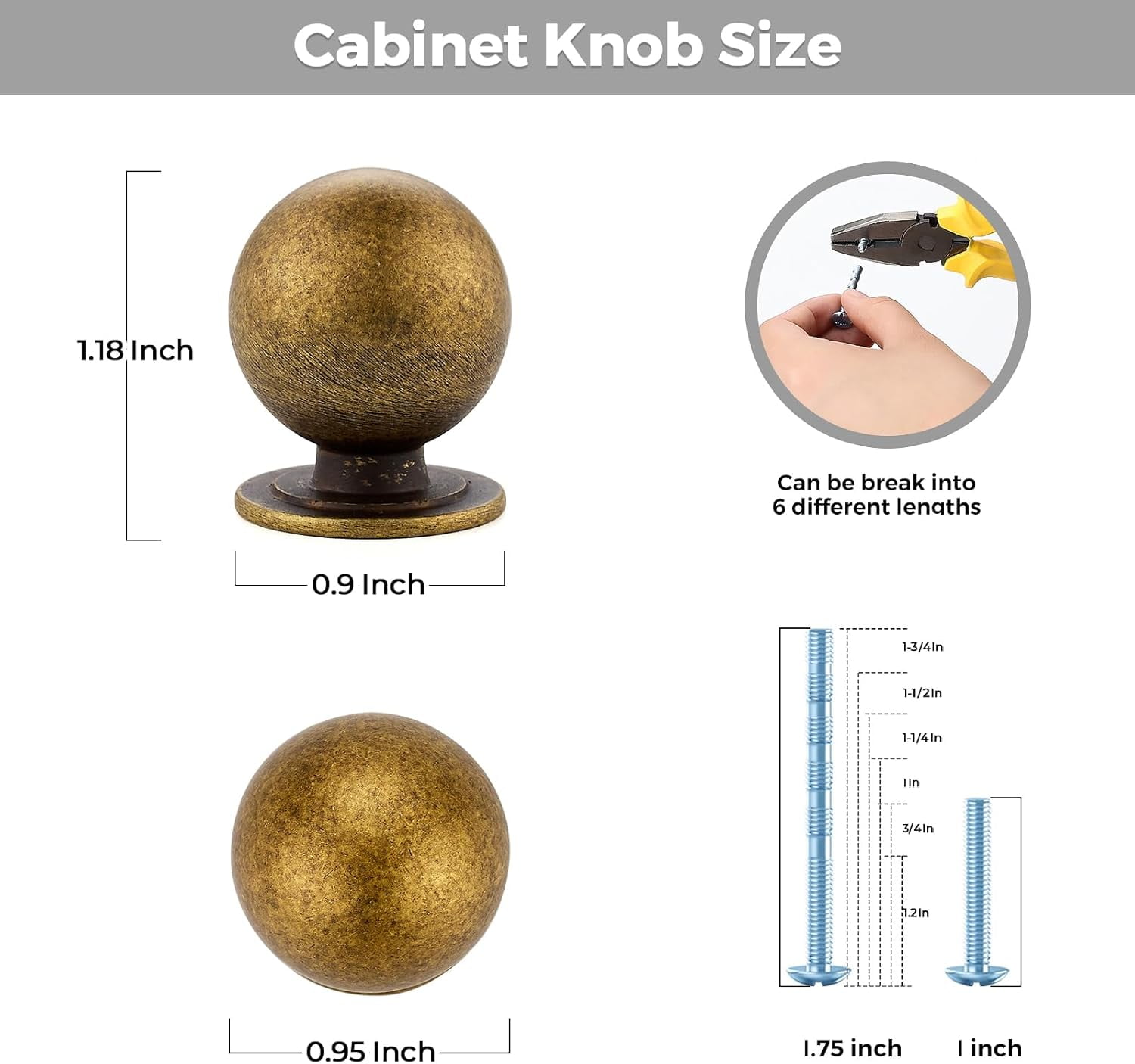 Cabinet Knobs, Round Dresser Knobs, Ball Kitchen Cabinet Hardware, 0.95" Diameter (Antique Brass, 12 Pack)