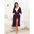 thumbnail image 2 of PajamaX Women's Fleece Hooded Bathrobe Soft Plush Long Spa Robe Lightweight Fluffy Cozy Shower Bathrobe (M, Dark Purple), 2 of 6