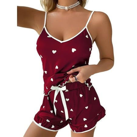 

DYMADE Women Sexy Sling Household Heart Pattern Pajama Two-piece Suit