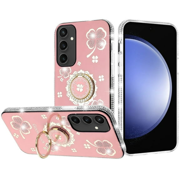 For Samsung s23 FE 5G Splendid Glitter with Diamonds All Around Edges Ring Stand Case Cover - Pink