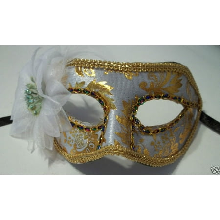 White Gold Flower Venetian Value Mask Masquerade Mardi Gras