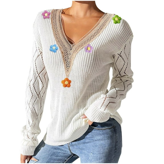 Olyvenn Lace V Neck Sweaters for Women Cute Flowers Hollow Pullover Casual Long Sleeve Knitted Loose Sweater Tops White S