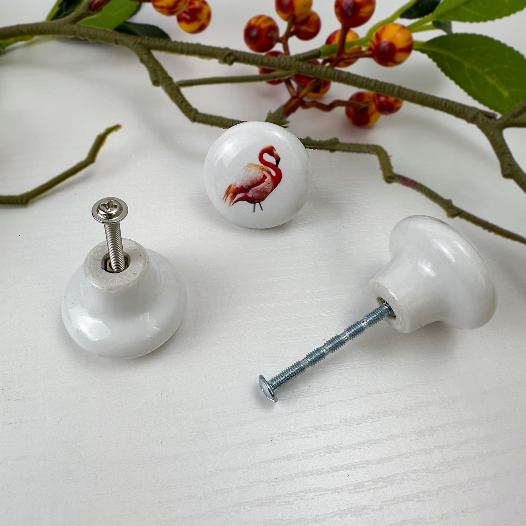 Jamjam Flamingo Ceramics Knob Handles Set of 8 1.5" Cute Unique Kitchen Cabinet Door Dresser Drawer