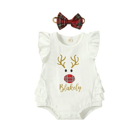 

Licupiee Infant Girl Rompers Christmas Clothes Letter Deer Print Fly Sleeve Ruffles Jumpsuits Newborn Baby Bodysuits with Plaid Headband