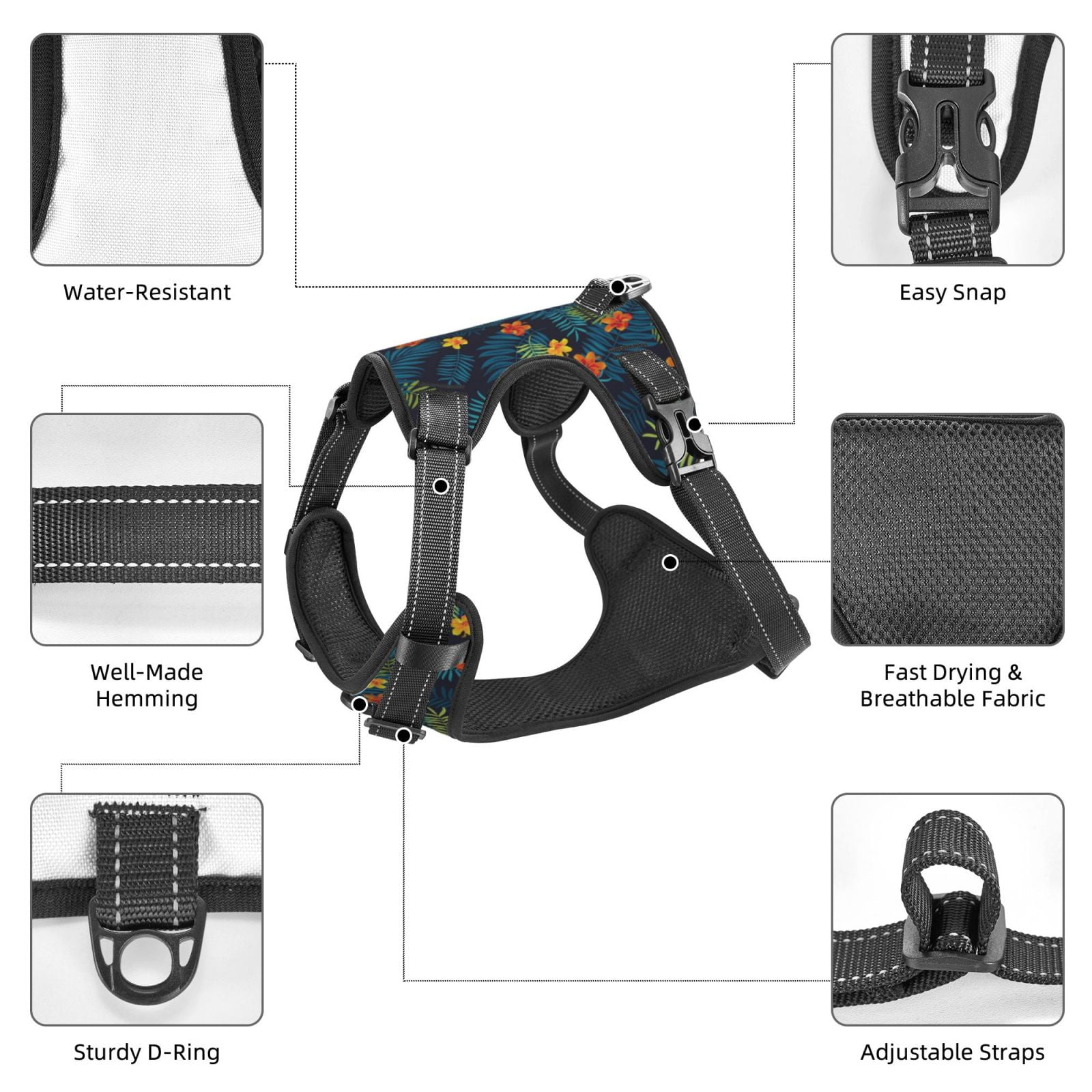 Kdxio Hawaiian Style Print No Pull Dog Harness Adjustable Reflective Oxford Easy Control Medium Large Dog Harness for Training and Everyday-Small