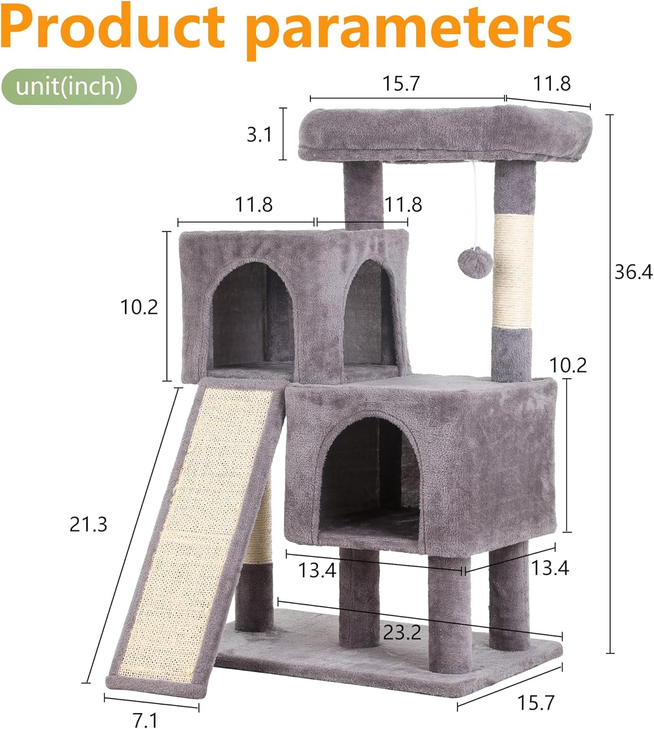 FDW Cat Tree for Indoor Cats 36" Cat Tower Multi-Level Indoor Cat Play Condo House with Scratching Posts, Spacious Perch,Ashy
