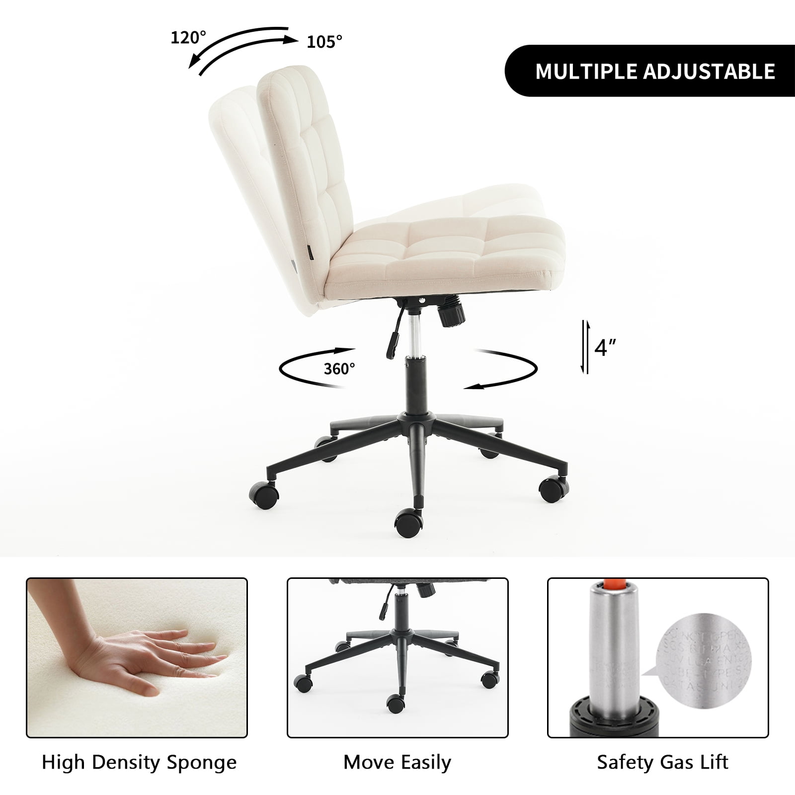 Fumahaus Indoor Easy to maintenance Linen Armless Swivel Desk Chair, Beige