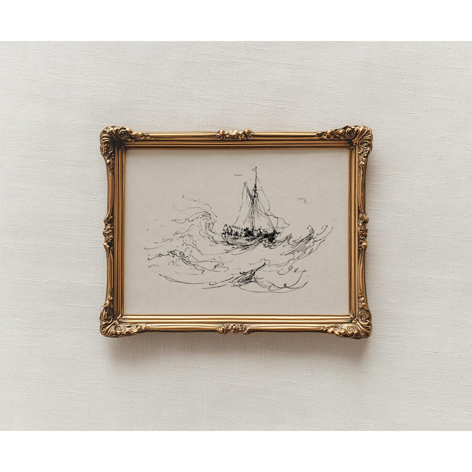 Vintage Ship Sketch Wall Art Minimalist Nautical Antique Sailing Boat In Stormy Sea