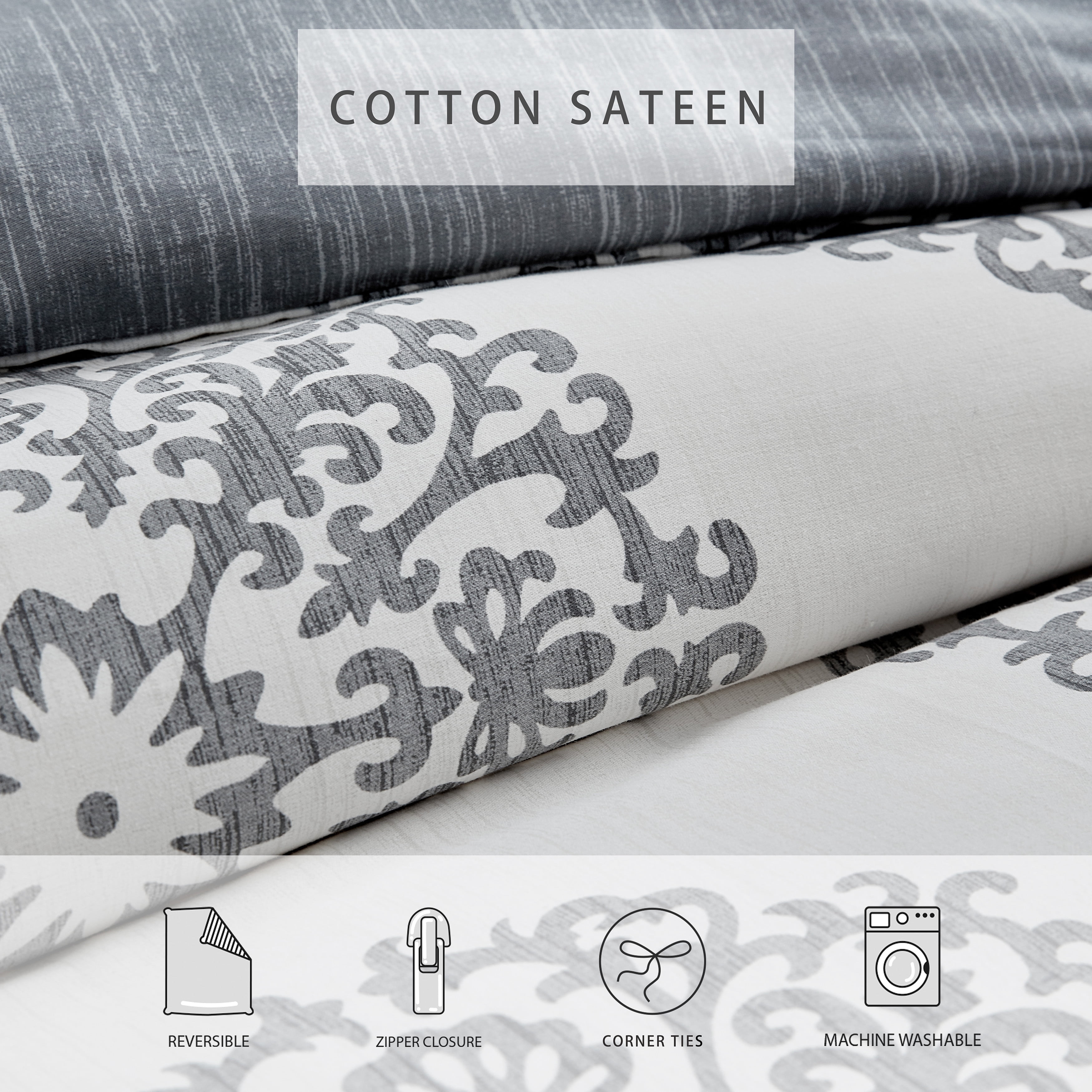 Stone Cottage - Queen Duvet Cover Set, Reversible Cotton Sateen Bedding with Matching Shams, All Season Home Decor (Bristol Grey, Queen)