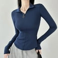 thumbnail image 7 of Tiqkatyck Womens Long Sleeve Shirts, Women's Casual Elastic Long Sleeve Slim Fitting Half Zippered Lapel Solid Color T Shirt Crewneck Sweat Shirts, Women Summer Tops Dark Blue L, 7 of 7