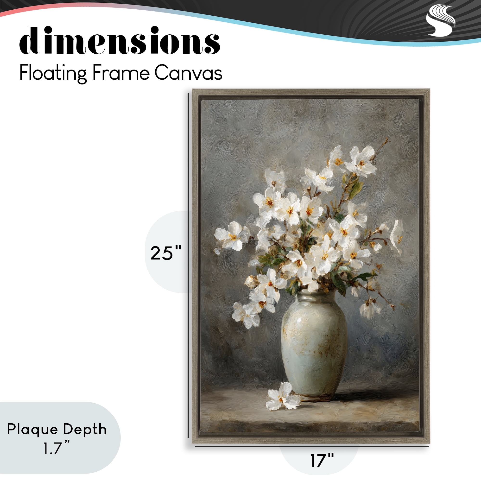 Stupell Industries Full White Flowers in Vase Brown Framed Floater Canvas Wall Art, design by Petal Prints Design