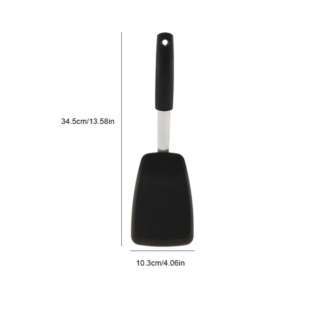 espátula de silicona, espátula de silicona, herramienta de cocina resistente al calor, la mejor en su clase Espátula volteadora negra de 34.5 cm con cabeza de silicona rectangular y borde en ángulo, vástago de acero inoxidable y mango antideslizante con orificio para colgar; resistente hasta 260 °C, ideal para voltear huevos, panqueques, pescado y carne; a menudo usada para retirar alimentos delicados.