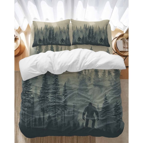 Mysterious Misty Bedding Duvet Cover Set Full Size 4 Pieces Forest Bigfoot Monster Soft Twill Plush Quilt Cover, Include 1 Duvet Cover 1 Flat Sheet And 2 Pillow
