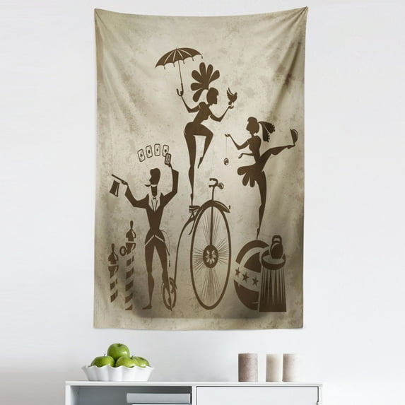 Circus Tapestry, Silhouette Circus Performers as Magician Doing Card Trick and Girl on Unicycle, Fabric Wall Hanging Decor for Bedroom Living Room Dorm, 5 Sizes, Beige and Brown, by Ambesonne