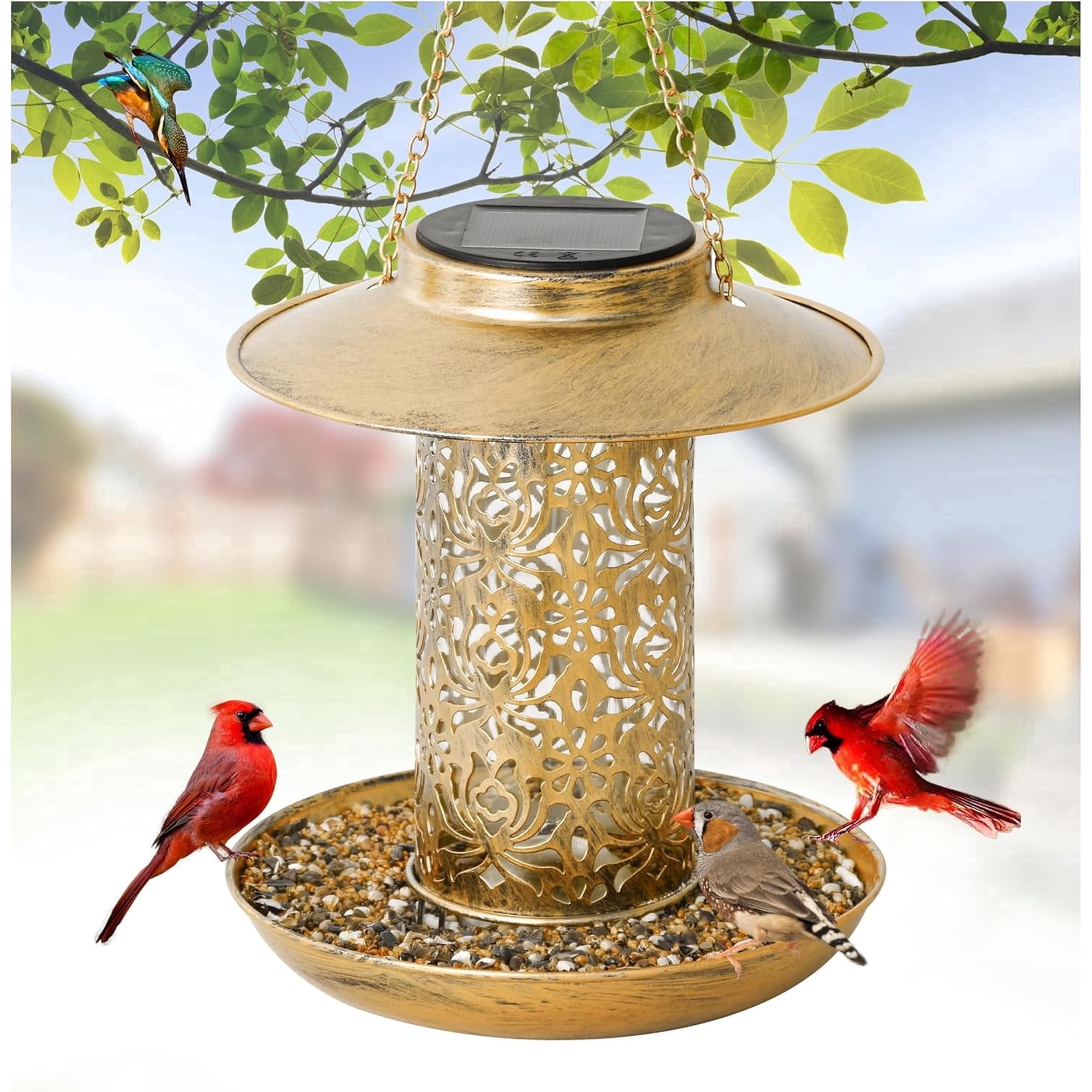Solar Bird Feeders for Outdoors Hanging, Metal Wild Bird Feeder for Cardinals Songbird, 2.2 lbs Capacity Heavy Duty Solar Garden Lantern with S Hook, Bird Lover Gifts