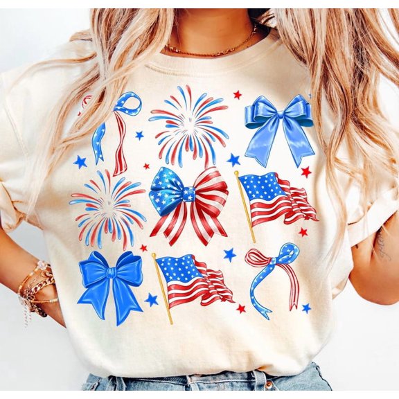 Coquette Flag Bow Girl T-shirt, 4th of July Retro Tee, Red White Blue Aesthetic, American Coquette Pride