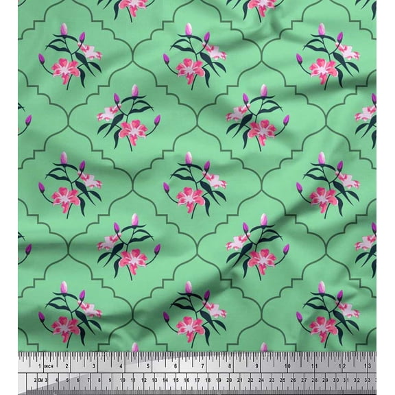 Soimoi Cotton Duck Fabric Leaves,Floral & Quatrefoil Damask Print Fabric by Yard 42 Inch Wide